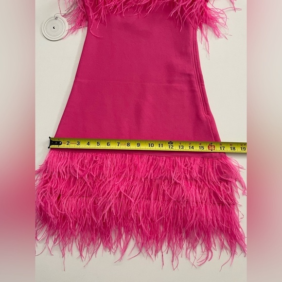 STAUD Etta Dress Feather Trim Stretch Knit Mini Bright Pink Party Festival XS - Picture 9 of 13